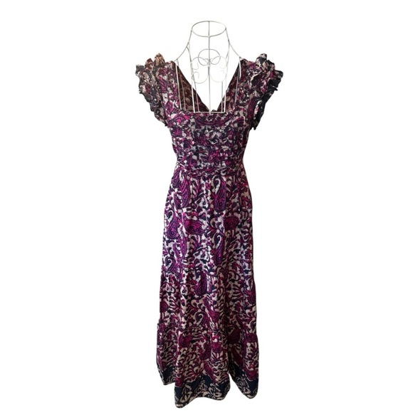 House Of Harlow 1960 Tiered Maxi Dress Tie Back Flutter Sleeve Purple Magenta XS - Picture 1 of 13